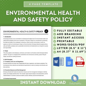 Plantilla de política de seguridad y salud ambiental, política de seguridad en el lugar de trabajo, directrices sobre EHS, política de seguridad ocupacional, política de seguridad de los empleados