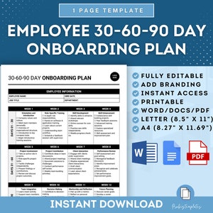 Employee 30-60-90 Day Onboarding Plan, HR Onboarding Template, New Hire Checklist, New Hire Performance Goal Setting Plan, 90 Day Checklist