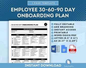 Employee 30-60-90 Day Onboarding Plan, HR Onboarding Template, New Hire Checklist, New Hire Performance Goal Setting Plan, 90 Day Checklist