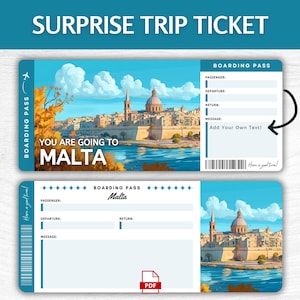 Biglietto regalo a sorpresa per Malta stampabile, carta d'imbarco modificabile per le vacanze a La Valletta, pass avventura stampabile per il Mediterraneo, biglietto per un'escursione sull'isola