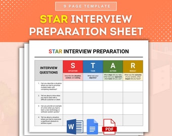 Plantilla de hoja de trabajo en formato STAR para preparación de entrevistas, Hoja de práctica de entrevista de trabajo con método STAR, Preguntas de muestra de comportamiento de entrevista de trabajo