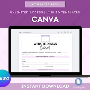 以下が含まれることがあります： Canvaでウェブサイトデザイン契約書テンプレートを表示しているラップトップの画面。テンプレートには、会社情報、顧客情報、署名欄が含まれています。画面のテキストは「ウェブサイトデザイン契約書」です。