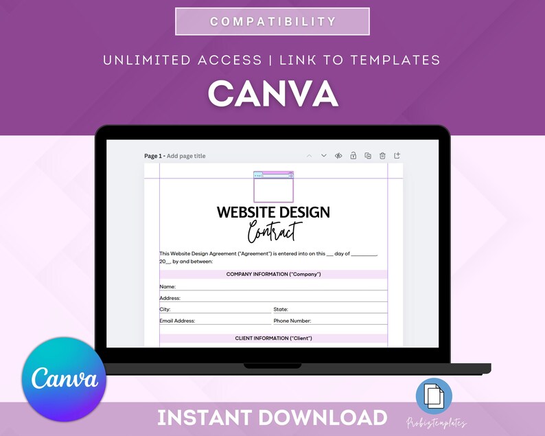 以下が含まれることがあります： Canvaでウェブサイトデザイン契約書テンプレートを表示しているラップトップの画面。テンプレートには、会社情報、顧客情報、署名欄が含まれています。画面のテキストは「ウェブサイトデザイン契約書」です。