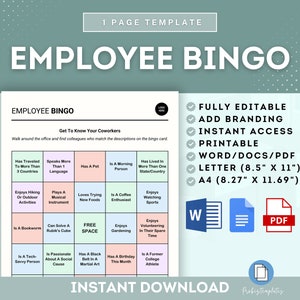 Modèle de bingo pour les employés, Modèle de carte de bingo pour le personnel, Bingo d'accueil, Bingo des présentations d'équipe, Bingo pour le personnel, Bingo des présentations du personnel