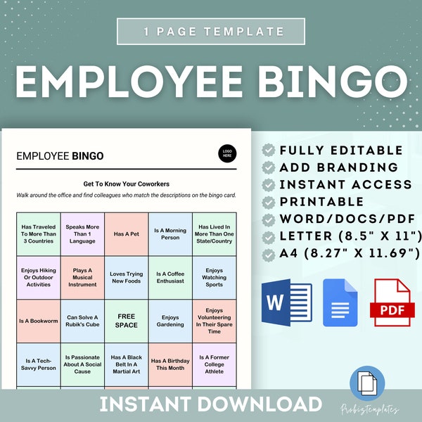 Employee Bingo Template, Staff Bingo Card Template, Onboarding Bingo, Team Introductions Bingo, Workforce Bingo, Staff Introduction Bingo