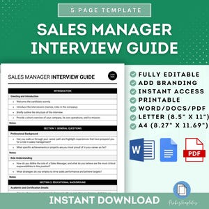Op de afbeelding: Een groene en witte printbare sjabloon voor een sollicitatiegesprek met een salesmanager. De sjabloon is volledig bewerkbaar en bevat secties voor begroeting en introductie, professionele achtergrond, rolbegrip en opleiding. De sjabloon is beschikbaar in de formaten Word, PDF, Letter (8,5" x 11") en A4 (8,27" x 11,69").