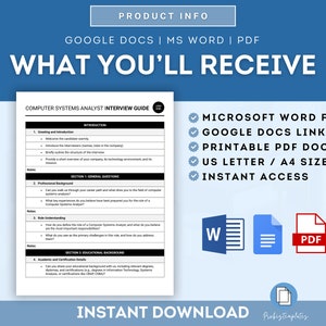Puede incluir: Una maqueta de descarga digital azul y blanca con una lista de verificaci&oacute;n de lo que se incluye: archivos de Microsoft Word, enlaces de Google Docs, documentos PDF imprimibles, tama&ntilde;os de carta de EE. UU. y A4, y acceso instant&aacute;neo. El producto es una gu&iacute;a de entrevista para analista de sistemas inform&aacute;ticos. La imagen tambi&eacute;n incluye un icono de archivo de Word, un icono de Google Docs y un icono de archivo PDF.