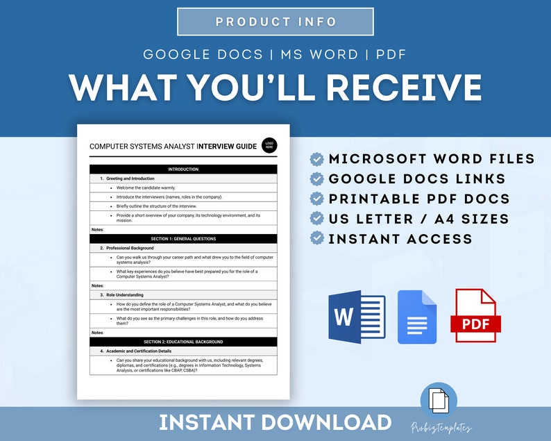 Puede incluir: Una maqueta de descarga digital azul y blanca con una lista de verificaci&oacute;n de lo que se incluye: archivos de Microsoft Word, enlaces de Google Docs, documentos PDF imprimibles, tama&ntilde;os de carta de EE. UU. y A4, y acceso instant&aacute;neo. El producto es una gu&iacute;a de entrevista para analista de sistemas inform&aacute;ticos. La imagen tambi&eacute;n incluye un icono de archivo de Word, un icono de Google Docs y un icono de archivo PDF.