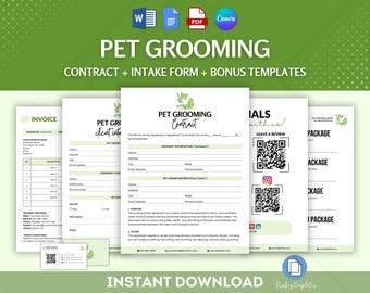 May include: A set of printable pet grooming templates in a green and white color scheme. The templates include a contract, intake form, invoice, and package options. The text "PET GROOMING" is displayed in a large font at the top of the page.