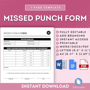 Missed Punch Form Template, Employee Time Punch Correction Form, Timekeeping Discrepancy Report Form, Missed Time Clock Entry Form Template