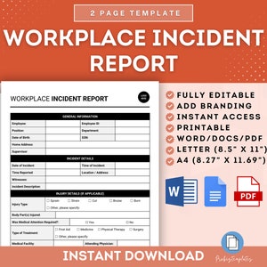 Könnte beinhalten: Eine druckbare Vorlage für einen Arbeitsunfallbericht in einem hellrosa und weißen Farbschema. Die Vorlage ist vollständig editierbar und enthält Abschnitte für allgemeine Informationen, Unfalldetails und Verletzungsdetails. Die Vorlage ist in den Formaten Word, PDF und Letter verfügbar. Der Text "INSTANT DOWNLOAD" befindet sich am unteren Rand der Vorlage.
