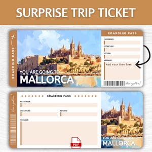 Printable Mallorca Surprise Gift Ticket, Editable Spain Vacation Boarding Pass, Printable Mallorca Getaway Pass, Spain Trip Gift Ticket