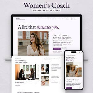May include: A digital display of the Women's Coach WordPress theme named Vera, shown on a laptop and smartphone screen. The interface features white backgrounds, dark text, and purple buttons with headings like A life that includes you.