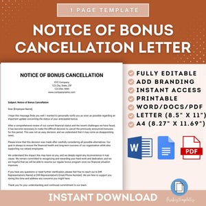 Modelo de carta de aviso de cancelamento de bônus, aviso de rescisão de bônus, carta de retirada de bônus, modelo de notificação de cancelamento de bônus