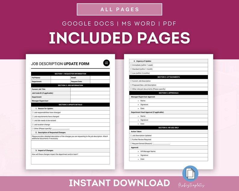 Job Description Update Form Template, Job Role Update Form, Position ...