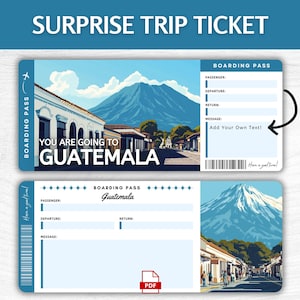 Billet cadeau surprise à imprimer au Guatemala, carte d'embarquement pour les vacances à Antigua, pass aventure maya à imprimer, cadeau voyage en Amérique centrale
