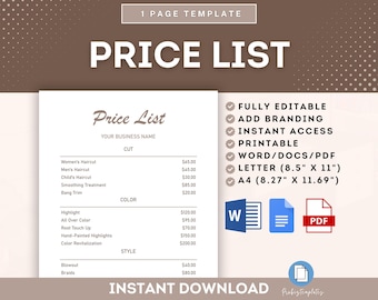 Price List Template, Customizable Product & Service Pricing Sheet, Professional Price List Form For Small Businesses And Entrepreneurs