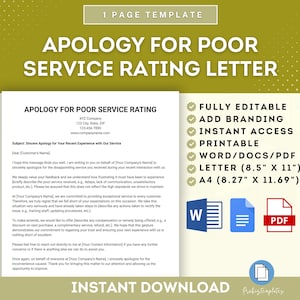 Puede incluir: Una plantilla verde y amarilla para una carta de disculpa por una mala calificación de servicio. La plantilla es totalmente editable, imprimible e incluye opciones de marca. La plantilla está disponible en los formatos Word, PDF, Letter (8,5 x 11 pulgadas) y A4 (8,27 x 11,69 pulgadas).