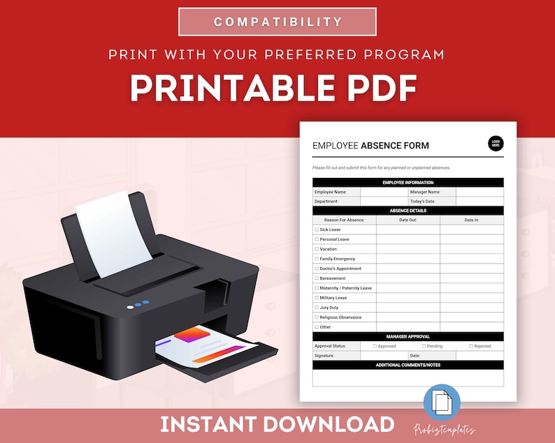 Employee Absence Form Template, Attendance Record Form, Leave Request ...