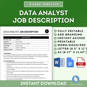 以下が含まれることがあります： 緑と白の印刷可能なデータアナリストの職務記述書テンプレート。テンプレートは完全に編集可能で、ブランディングオプションが含まれています。テンプレートは、Word、PDF、レターサイズでご利用いただけます。テンプレートはすぐにダウンロードできます。