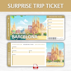 Billet cadeau surprise à Barcelone, carte d'embarquement modifiable pour l'Espagne, carte d'embarquement pour les vacances en Espagne, billet cadeau voyage à Barcelone
