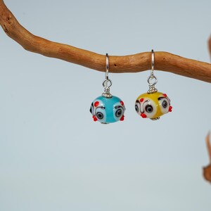 Sterling Silver Lampwork Glass Bird Bead Dangle Earrings Yellow And Blue 2.4cm