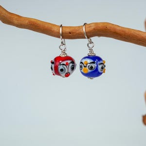 Sterling Silver Lampwork Glass Bird Bead Dangle Earrings Red And Blue 2.4cm