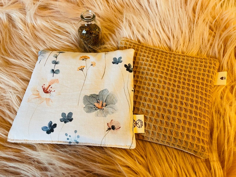 Leinsamenkissen WÄRMEKISSEN Körnerkissen Waffelpique 14 cm x 14 cm Blumen - beige