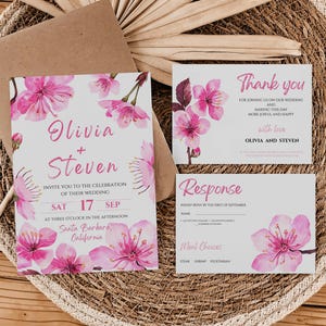 Invitación de boda con acuarela de sakura, plantilla editable de boda con sakura rosa, invitación de boda imprimible con flores rosas, menú, tarjetas RSVP
