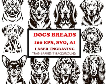 Dog Breeds Laser Engraving, Dog Heads clipar, Designs for Cricut SVG EPS Files Instant Digital Download