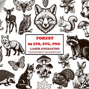 May include: A collection of black and white forest animal illustrations including a fox, raccoon, owl, deer, hedgehog, squirrel, rabbit, turkey, butterfly, mushrooms, and acorns. The centre text reads FOREST 89 EPS, SVG, PNG LASER ENGRAVING TRANSPARENT BACKGROUND.