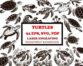 Paquete SVG de tortuga marina con archivos de corte y grabado láser, imágenes prediseñadas de tortugas marinas, diseños vectoriales de tortugas marinas náuticas