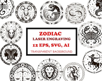 Sternzeichen SVG, Challenge-Münze Lasergravur, Sternzeichen Designs für Cricut SVG EPS-Dateien, 12 Sternzeichen Gravur Vektor, Astrologie Clipart