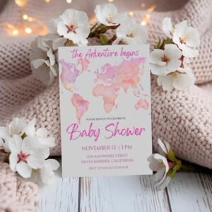 Adventure Baby Shower Invitation Template, Little Explorer Pink Map Baby Shower Invite Travel Theme  Pink World Map Invite Adventure Begins