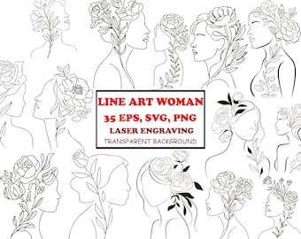 Floral Woman SVG Bundle, 35 Black Line Art Women Face Laser Engraving, Botanical Female Portrait PNG, Flower Girl EPS Vector Graphics