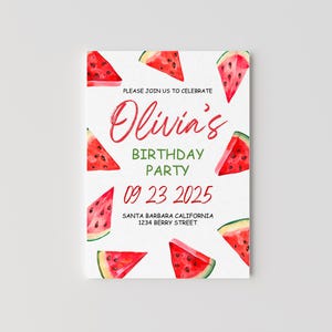Faire-part d'anniversaire modifiable pastèque, invitation pastèque rouge, invitation de fête d'anniversaire d'été, modèle imprimable invitation numérique sur toile