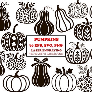 Puede incluir: Una colección de ilustraciones de calabazas en blanco y negro con varios patrones, formas y tallos. El texto central dice PUMPKINS 70 EPS, SVG, PNG LASER ENGRAVING TRANSPARENT BACKGROUND. Estos diseños gráficos incluyen motivos florales, de leopardo y corazones.