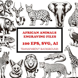 May include: Black and white illustrations of various African animals, including a monkey, gazelle, serval, elephant, leopard, hippo, chameleon, zebra, eagle, fennec fox, lion, crocodile, giraffe, and leopard. The text reads "African Animals Engraving Files".