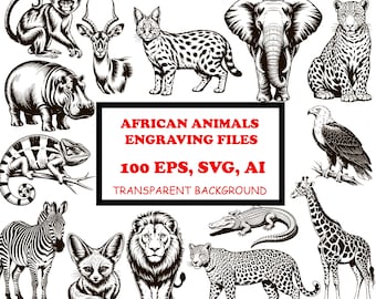 Puede incluir: Ilustraciones en blanco y negro de varios animales africanos, incluyendo un mono, gacela, serval, elefante, leopardo, hipopótamo, camaleón, cebra, águila, zorro fennec, león, cocodrilo, jirafa y leopardo. Texto: "African Animals Engraving Files".