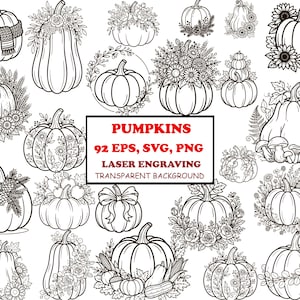 Könnte beinhalten: Eine Sammlung von Schwarz-Weiß-Strichzeichnungen mit verschiedenen Kürbissen, die mit Blumen, Blättern, Schals und Schleifen verziert sind. Der zentrale Text lautet PUMPKINS 92 EPS, SVG, PNG LASER ENGRAVING TRANSPARENT BACKGROUND.