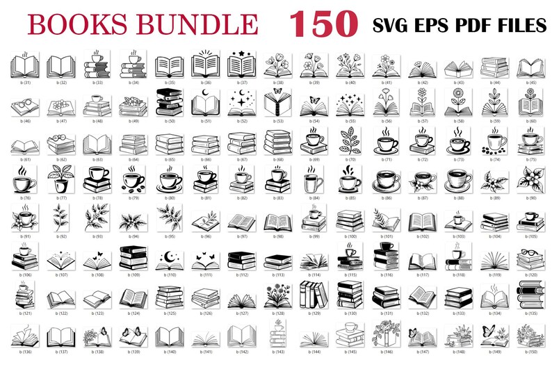 Book SVG Bundle, 150 Book Laser Engraving Clipart, Book Stack Clipart ...