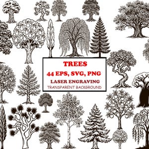 May include: A collection of black and white tree illustrations featuring various species like oaks, pines, and fruit trees. The central text reads: TREES, 44 EPS, SVG, PNG, LASER ENGRAVING, TRANSPARENT BACKGROUND. These detailed graphics are suitable for digital design.