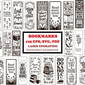 Può includere: Una collezione di segnalibri in bianco e nero con vari disegni e citazioni relative alla lettura. I segnalibri presentano elementi floreali, libri e frasi come "Coffee Books Repeat" e "Turn the Page".