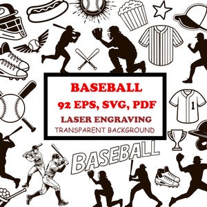 Può includere: Una collezione di grafica vettoriale a tema baseball in bianco e nero. Include sagome di giocatori, attrezzature come mazze, palline ed elmetti, e il testo "BASEBALL" e "92 EPS, SVG, PDF, LASER ENGRAVING, TRANSPARENT BACKGROUND."