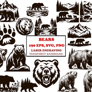 Paquete de archivos SVG de osos, siluetas PNG de osos, archivos para grabado láser, vectores de vida silvestre, PNG de bosque de montaña y oso, imágenes prediseñadas de osos