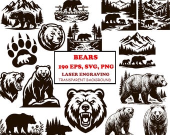 Bear SVG Bundle, Bear Silhouette PNG, Laser Engraving Files, Wildlife Vector,  Woodland Mountain Forest PNG, Bear Clipart