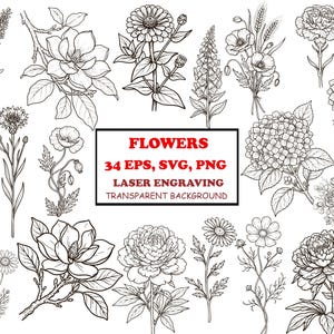 May include: A collection of black and white botanical line art illustrations featuring various flowers and foliage. The central text box reads: FLOWERS, 34 EPS, SVG, PNG, LASER ENGRAVING, TRANSPARENT BACKGROUND. The designs are detailed and outlined.
