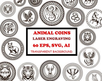 Challenge coin Laser Engraving, Animals Coin Border Designs for Cricut SVG EPS Files, Celtic Animal Medallions, Wildlife Token