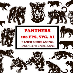 May include: A collection of black panther illustrations in various poses, including walking, stalking, and roaring. The image includes the text "PANTHERS 100 EPS, SVG, AI LASER ENGRAVING TRANSPARENT BACKGROUND".