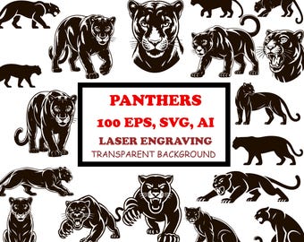 Imágenes prediseñadas de pantera negra para grabado láser, 100 diseños de pantera EPS SVG, conjunto de vectores de pantera negra, fondo transparente, silueta de pantera
